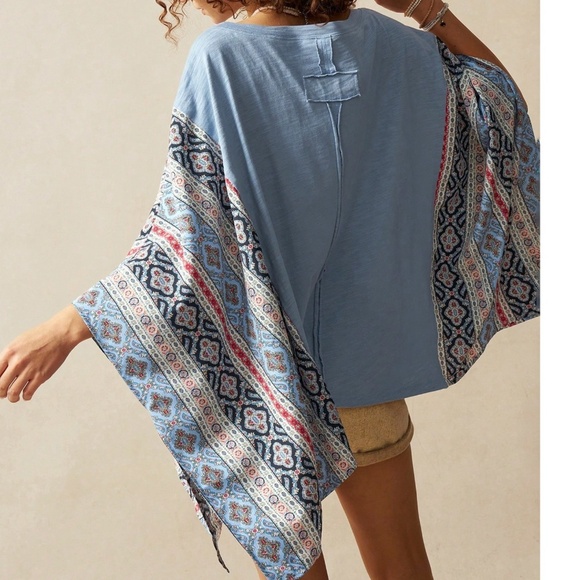Boho Blue Tribal Geo Print Batwing Sleeve Poncho Top - Picture 5 of 6